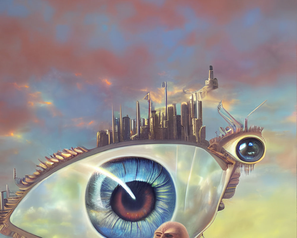 Futuristic city on giant floating eye with falling figures