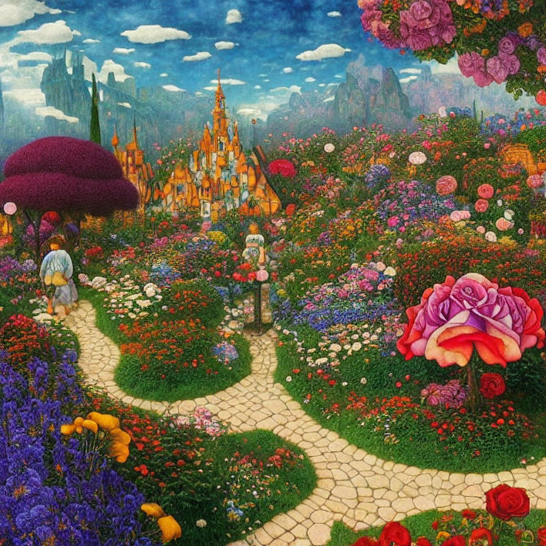 Colorful fantasy garden with stone path and castles under blue sky