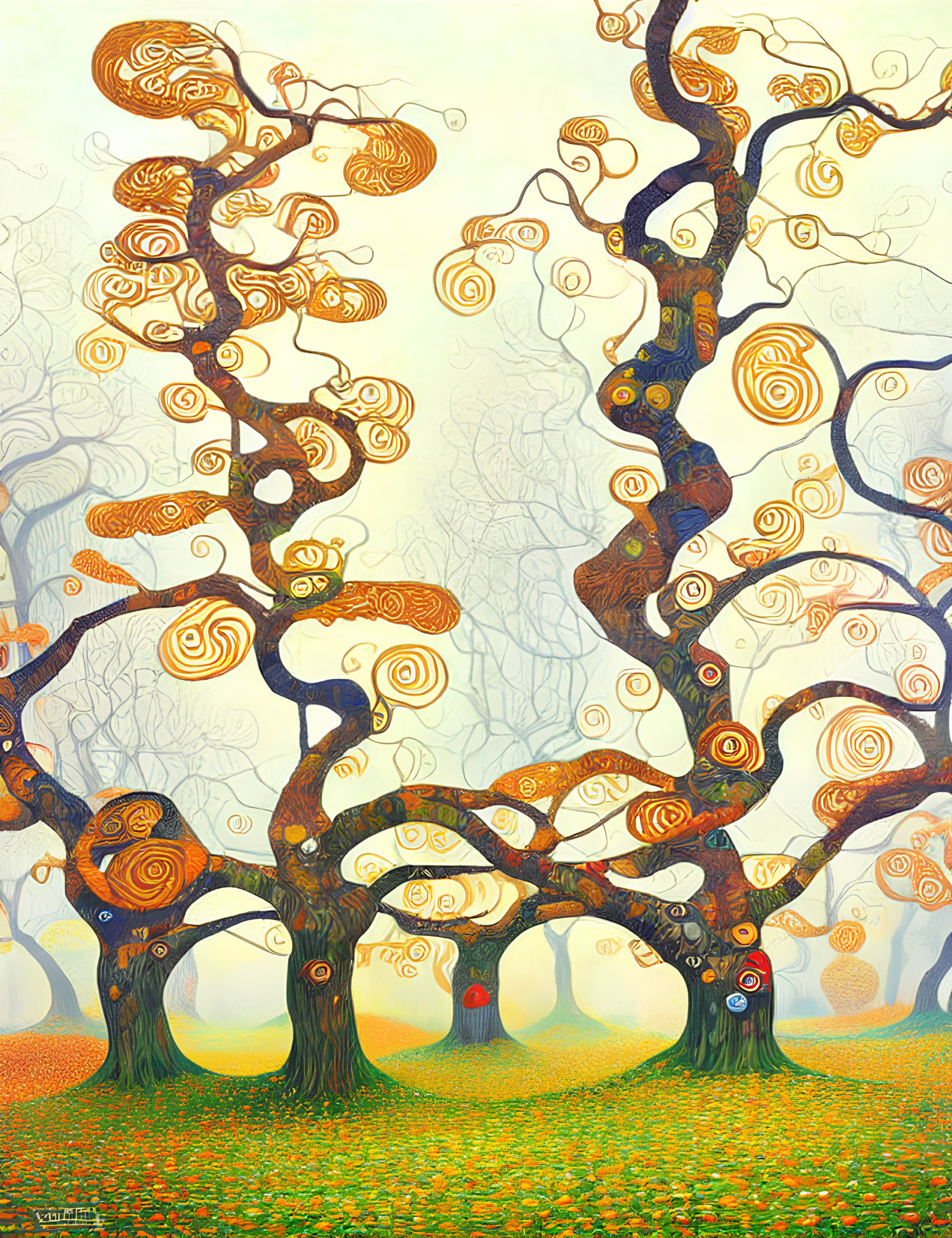 Twisted trees with spiral-patterned foliage in warm autumn hues