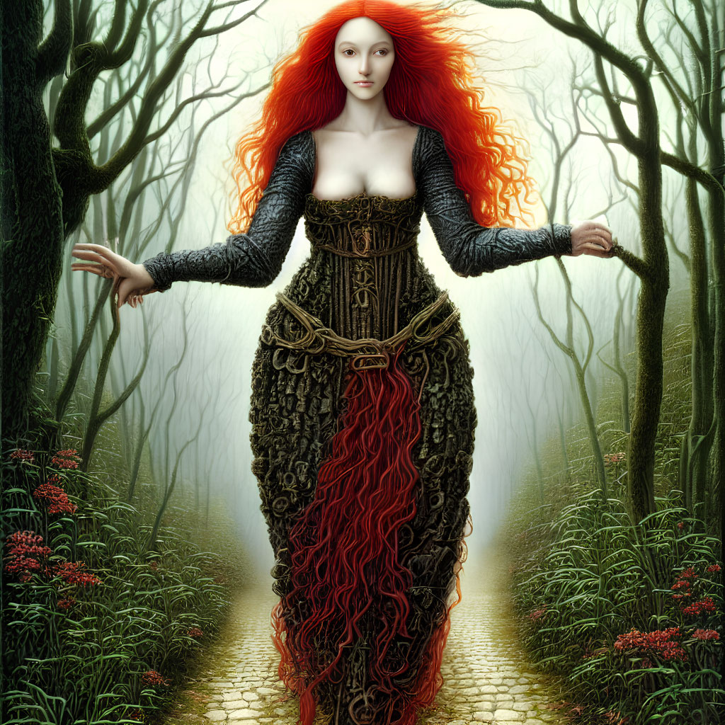 Woman with Long Red Hair in Forest Path with Red Flowers