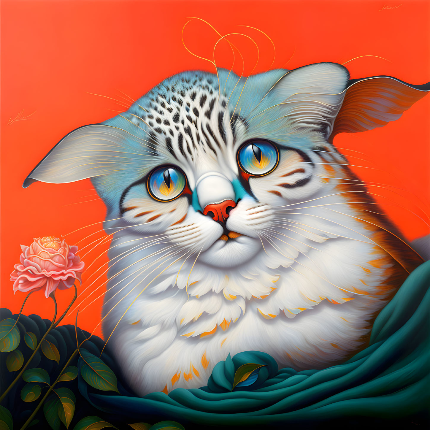 Whimsical cat illustration with oversized eyes and leaf-like fur patterns on orange background