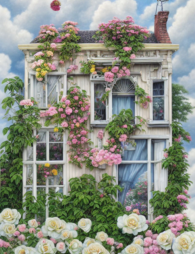 Charming two-story house with lush roses under blue sky