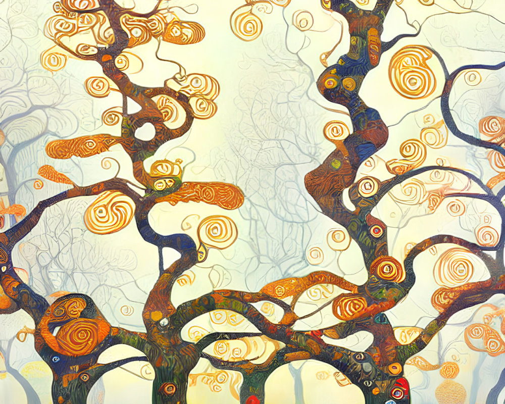 Twisted trees with spiral-patterned foliage in warm autumn hues
