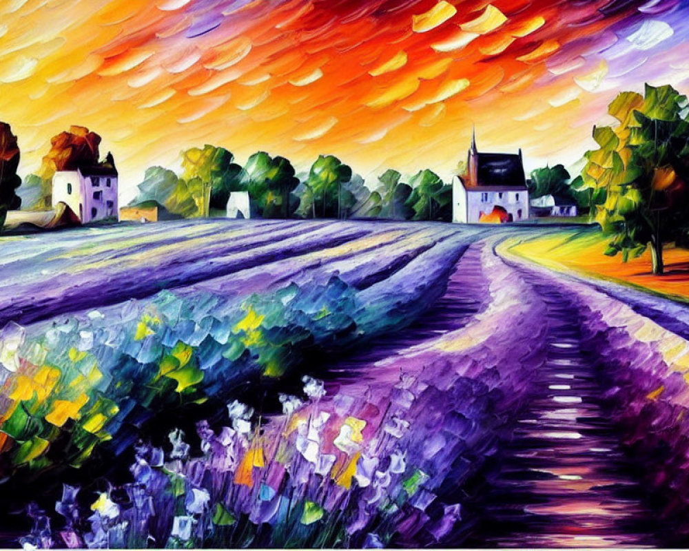 Vibrant impressionistic rural landscape with colorful sunset, fields, trees, road, and dynamic sky