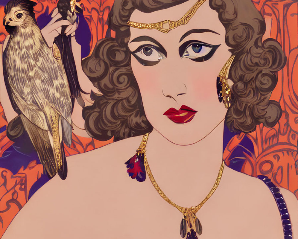 Art Deco Style Woman with Hawk in Red and Purple Patterns