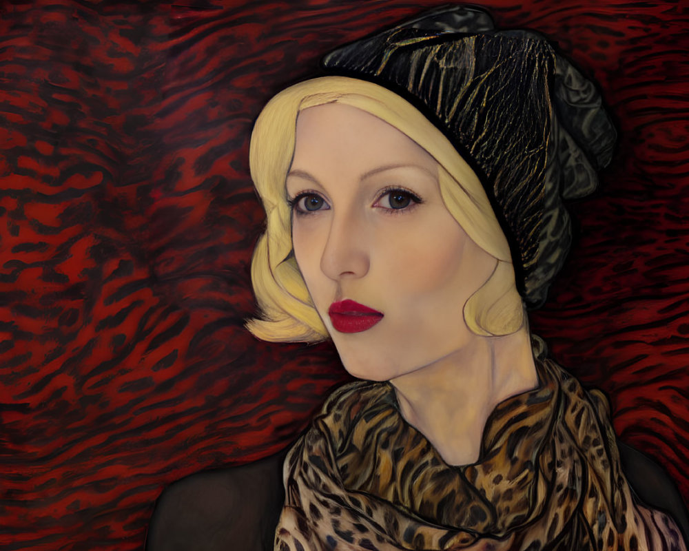 Blonde Woman with Red Lipstick in Leopard Print Scarf Portrait