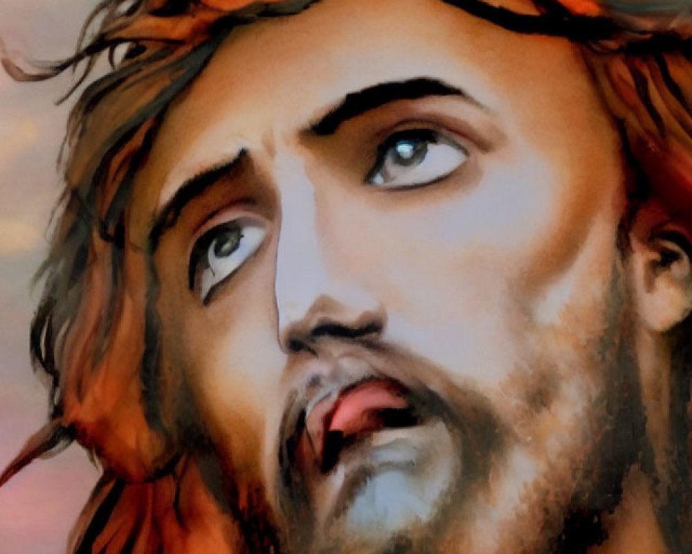 Man with sorrowful expression wearing crown of thorns in blurred background.