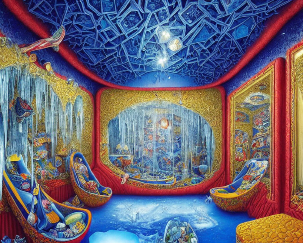 Surreal room with blue ceilings, golden walls, aquatic motifs
