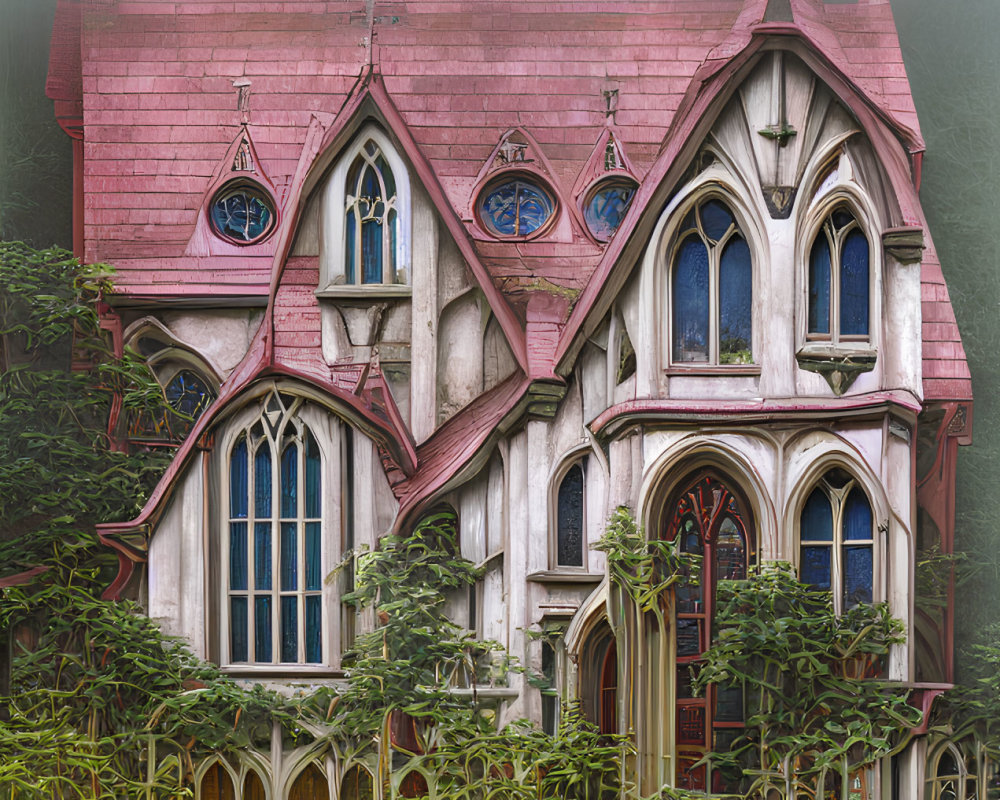 Victorian-style House with Gothic Windows and Reddish Roof in Lush Greenery