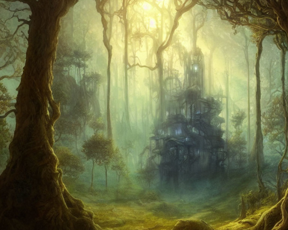 Mystical forest scene with sunlight and treehouse