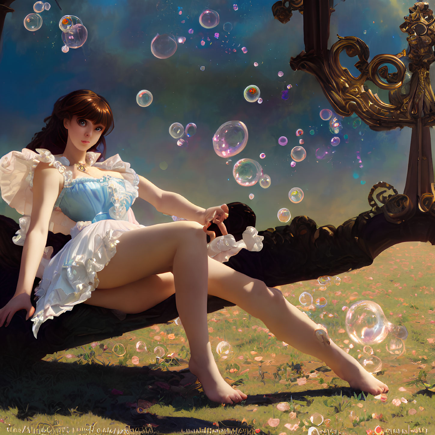 Young woman in vintage dress on bench with soap bubbles and whimsical sky