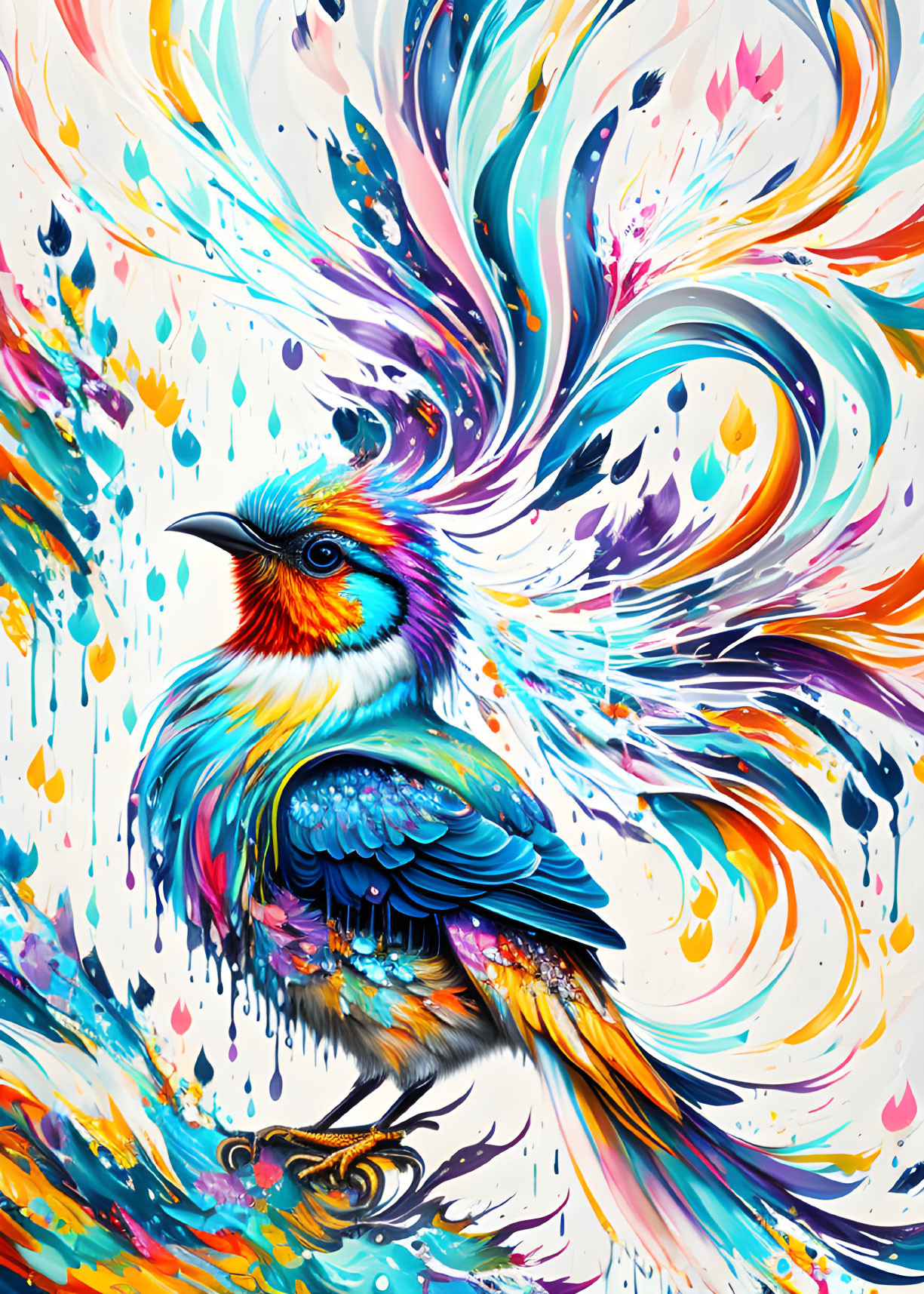 Colorful Abstract Bird Illustration with Flowing Feathers in Dynamic Colors