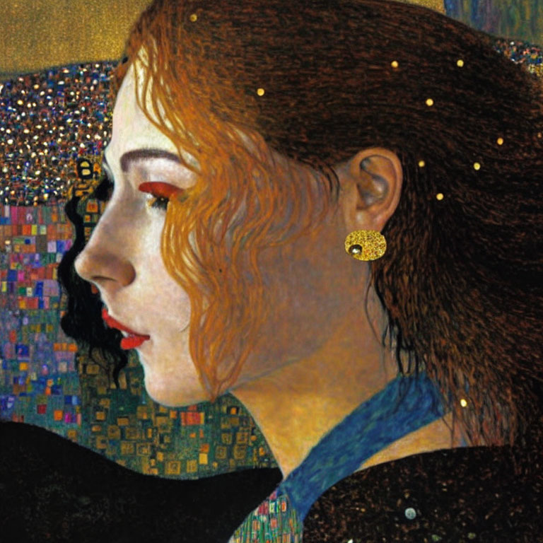 Close-up of stylized portrait: Woman with red hair, golden earring, colorful mosaic background