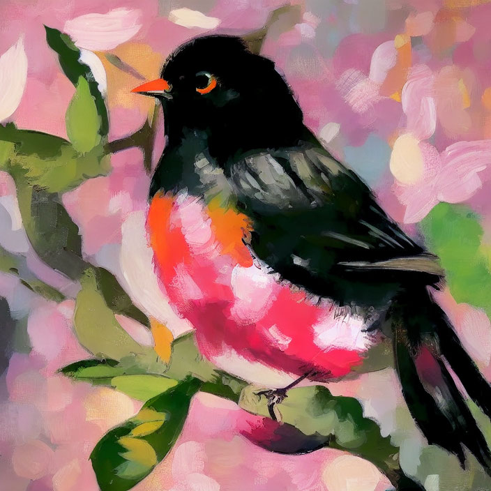 Colorful impressionistic painting of bird on branch with pink blooms