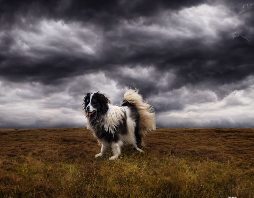 Black and white dog on moor under stormy sky with lightning strike