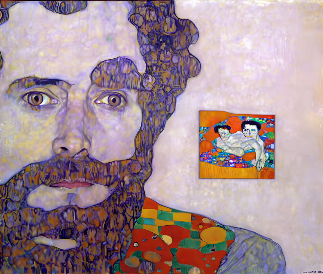 Digital artwork: Bearded man with abstract pattern and colorful figures on patterned background