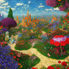Colorful fantasy garden with stone path and castles under blue sky