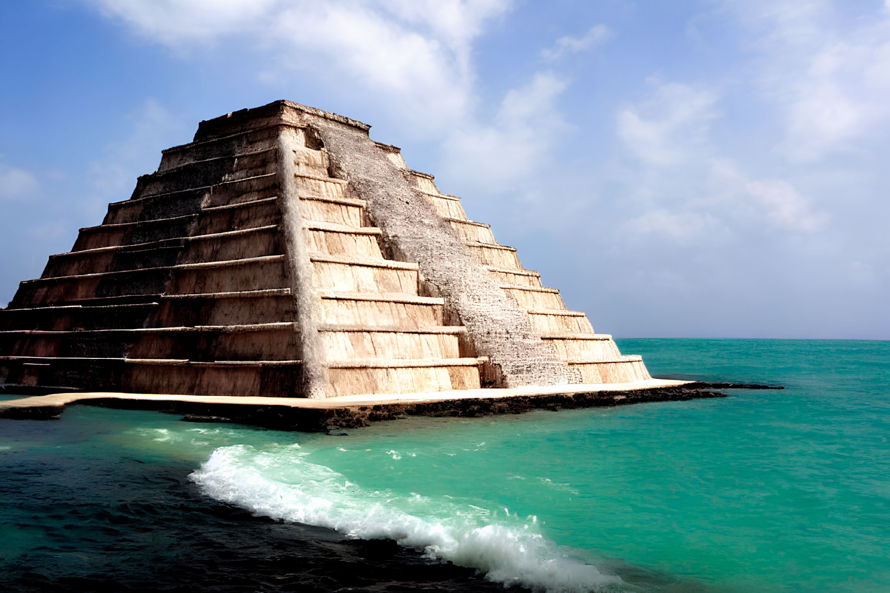 Ancient Mesoamerican pyramid near turquoise sea under dramatic sky