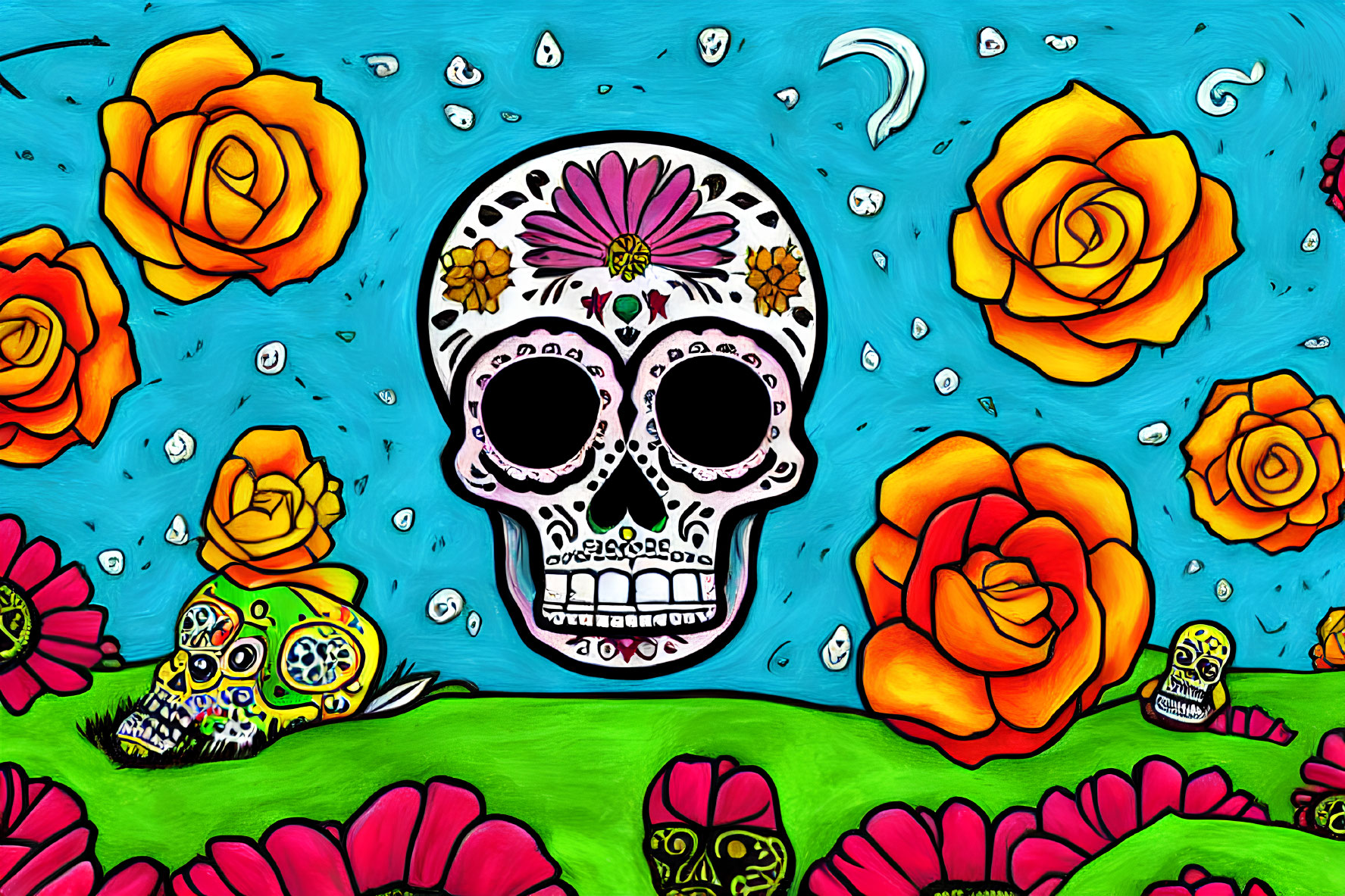 Colorful Day of the Dead Artwork with Skulls and Flowers on Blue Background