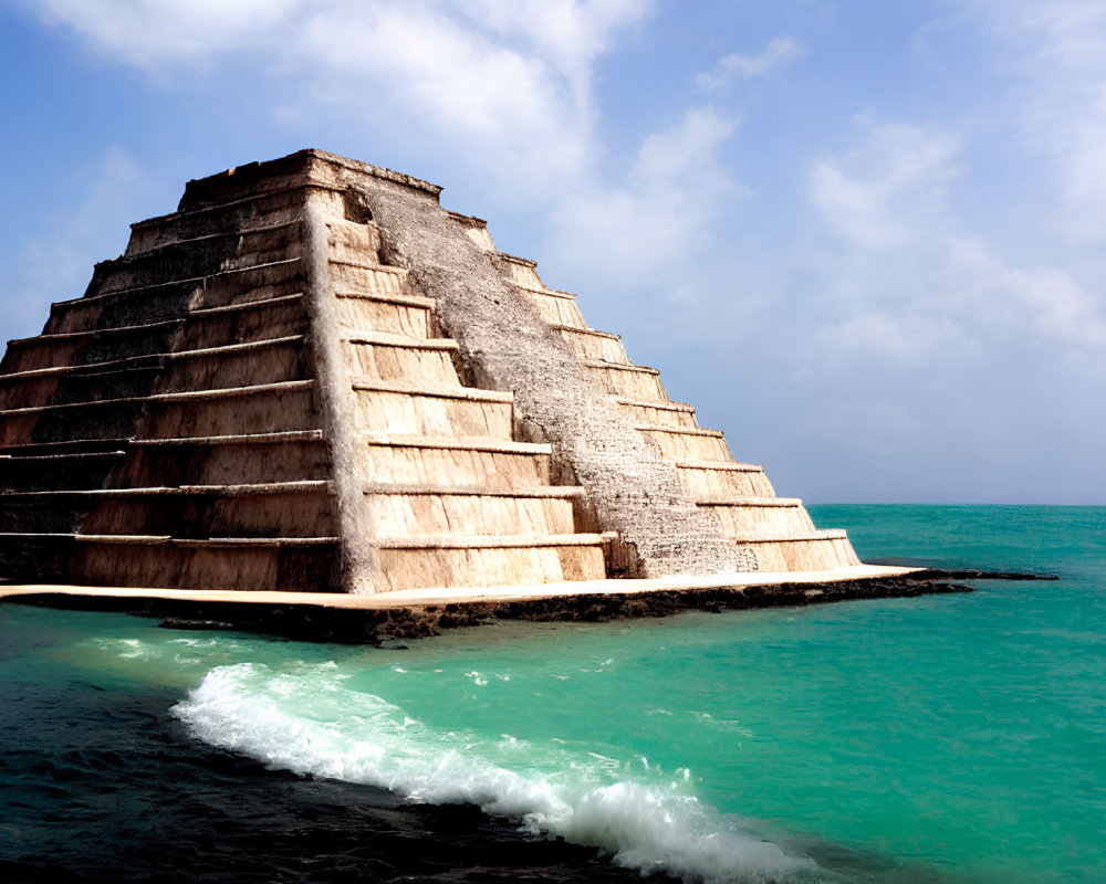 Ancient Mesoamerican pyramid near turquoise sea under dramatic sky