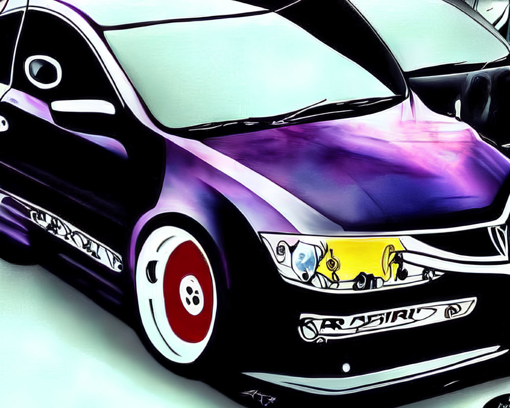 Stylized glossy purple car with custom graphics and red-rimmed front wheel
