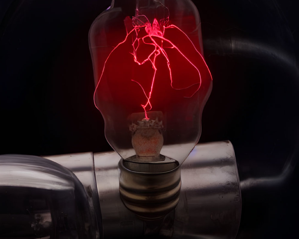 Red Plasma Glow Filament in Glass Bell Jar on Dark Background