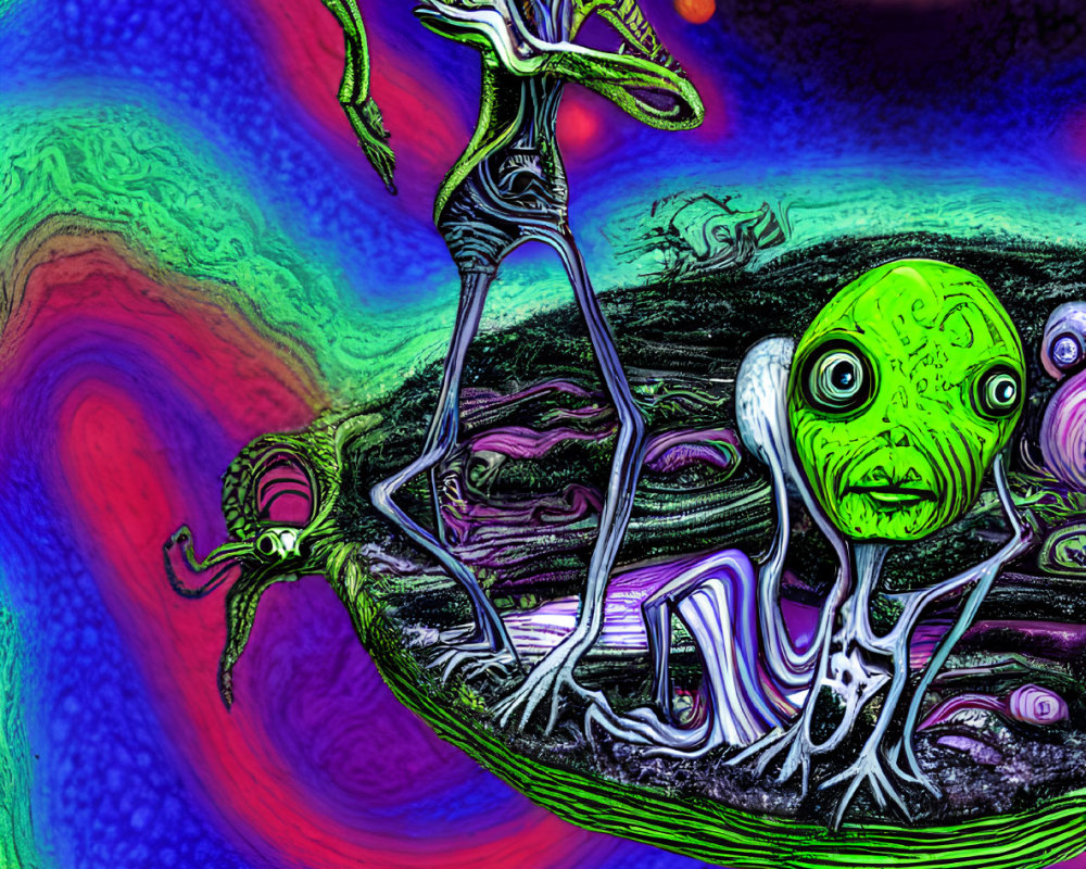 Colorful Alien Figures and Abstract Shapes in Psychedelic Illustration