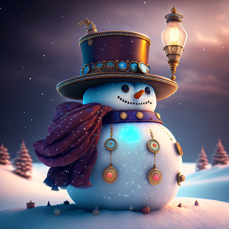 Whimsical snowman with top hat, lantern, and scarf in snowy twilight landscape