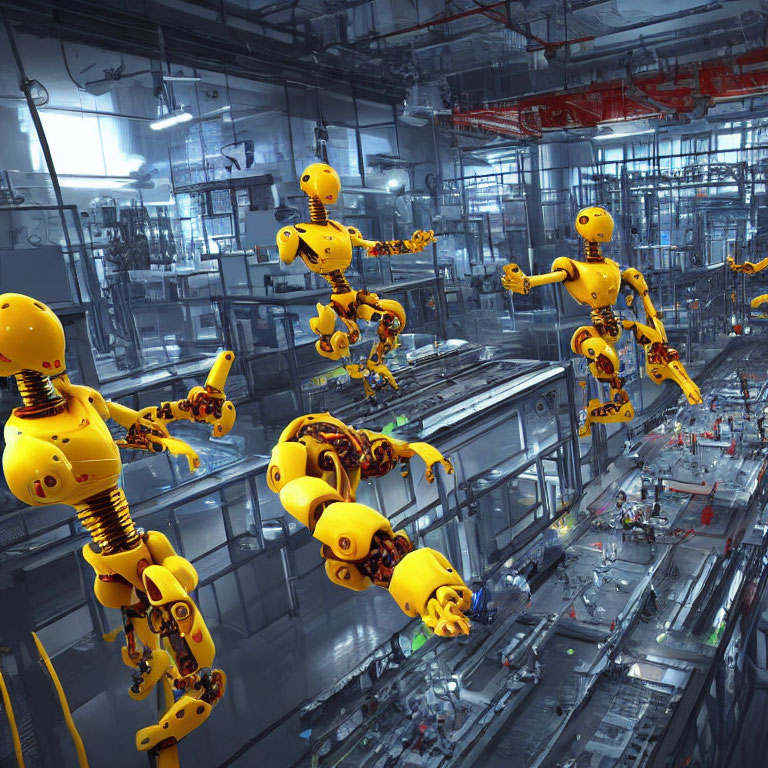 Futuristic industrial factory with yellow humanoid robots