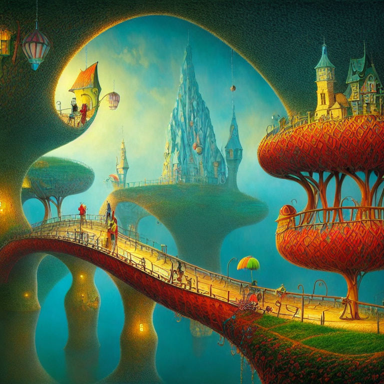 Fantasy landscape with mushroom trees, castles, bridge, and people in warm sky