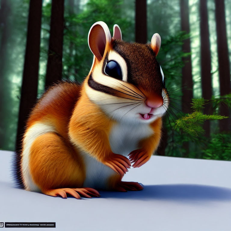 3D animated chipmunk with big eyes and striped fur on white surface against forest background