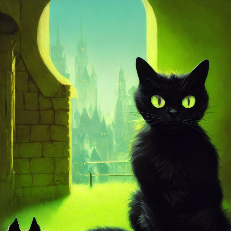 Black cat with green eyes in sunlit archway with mystical castle.