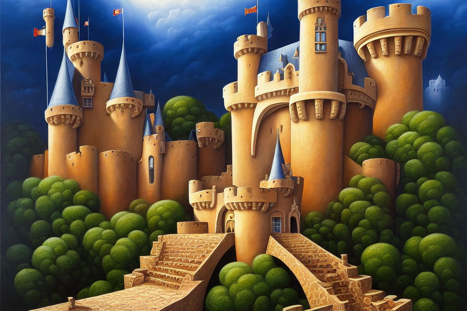Fantastical castle illustration with towers, flags, stone bridge, and lush green trees