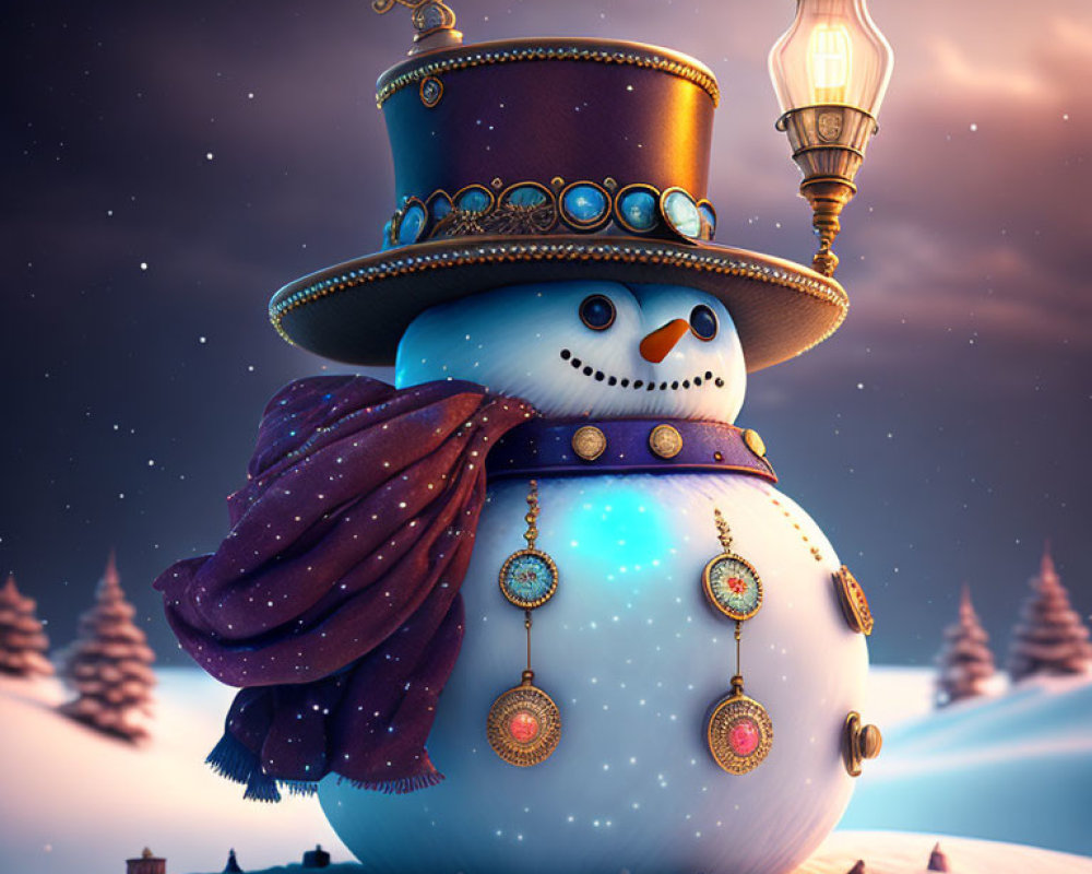 Whimsical snowman with top hat, lantern, and scarf in snowy twilight landscape