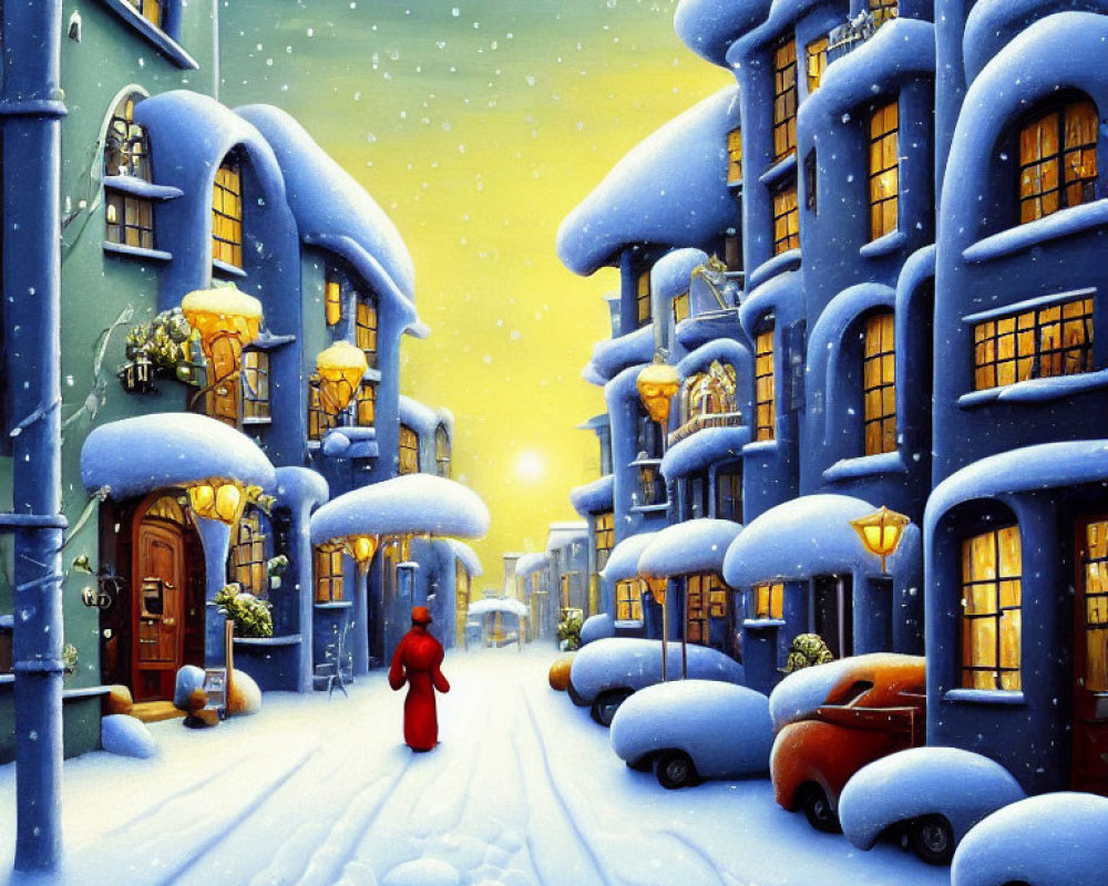Snow-covered buildings, person in red coat, glowing street lamps - Winter cityscape.