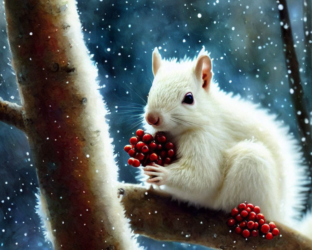 White squirrel with red berries on snowy branch in winter scene