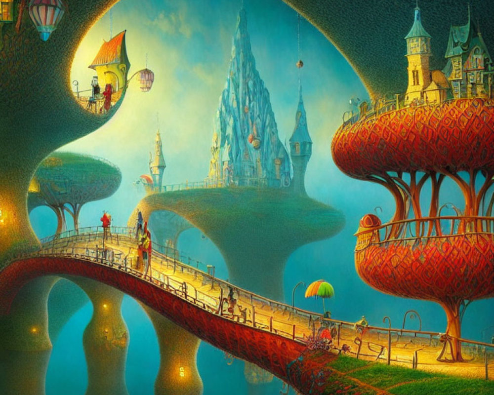 Fantasy landscape with mushroom trees, castles, bridge, and people in warm sky