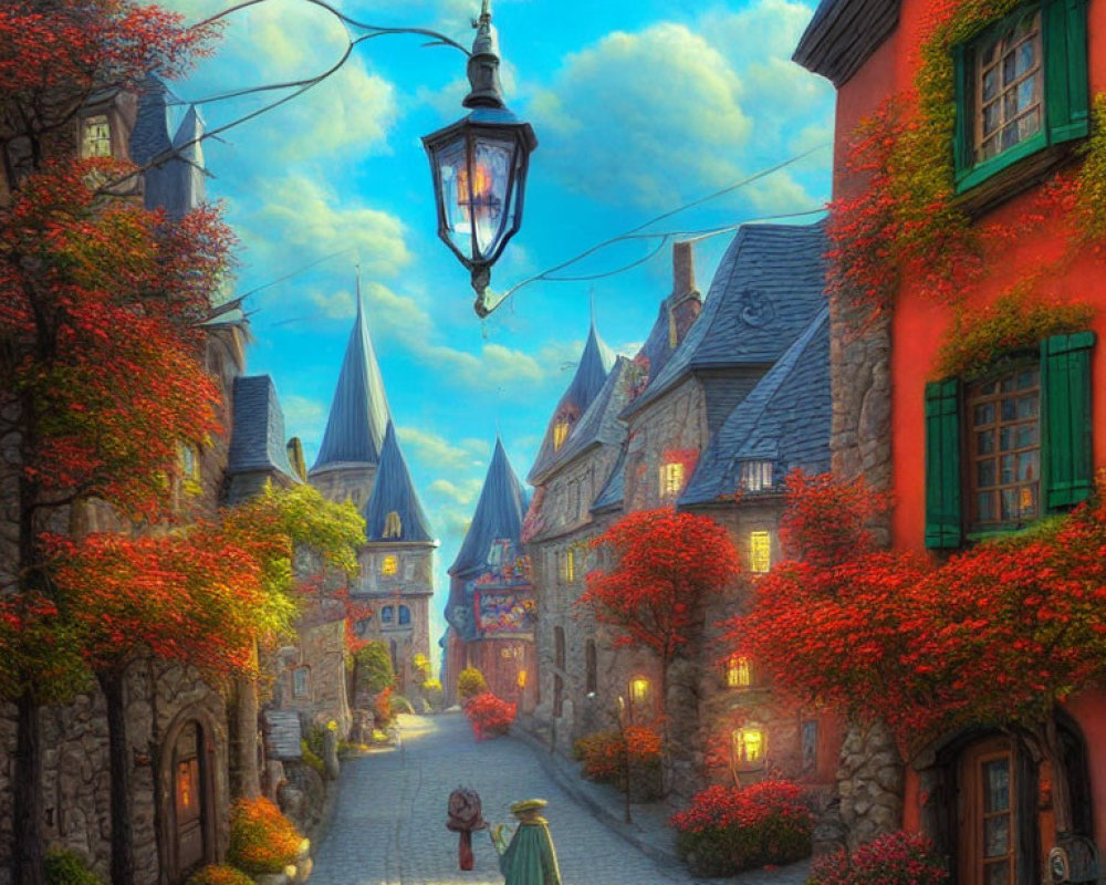 Charming cobblestone street at twilight with ivy-covered houses and person walking.
