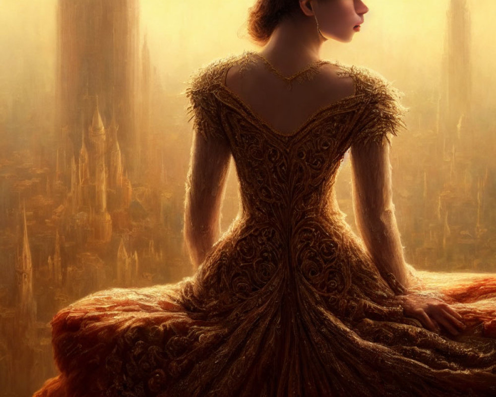 Woman in ornate golden dress with intricate designs against blurred, luminous background