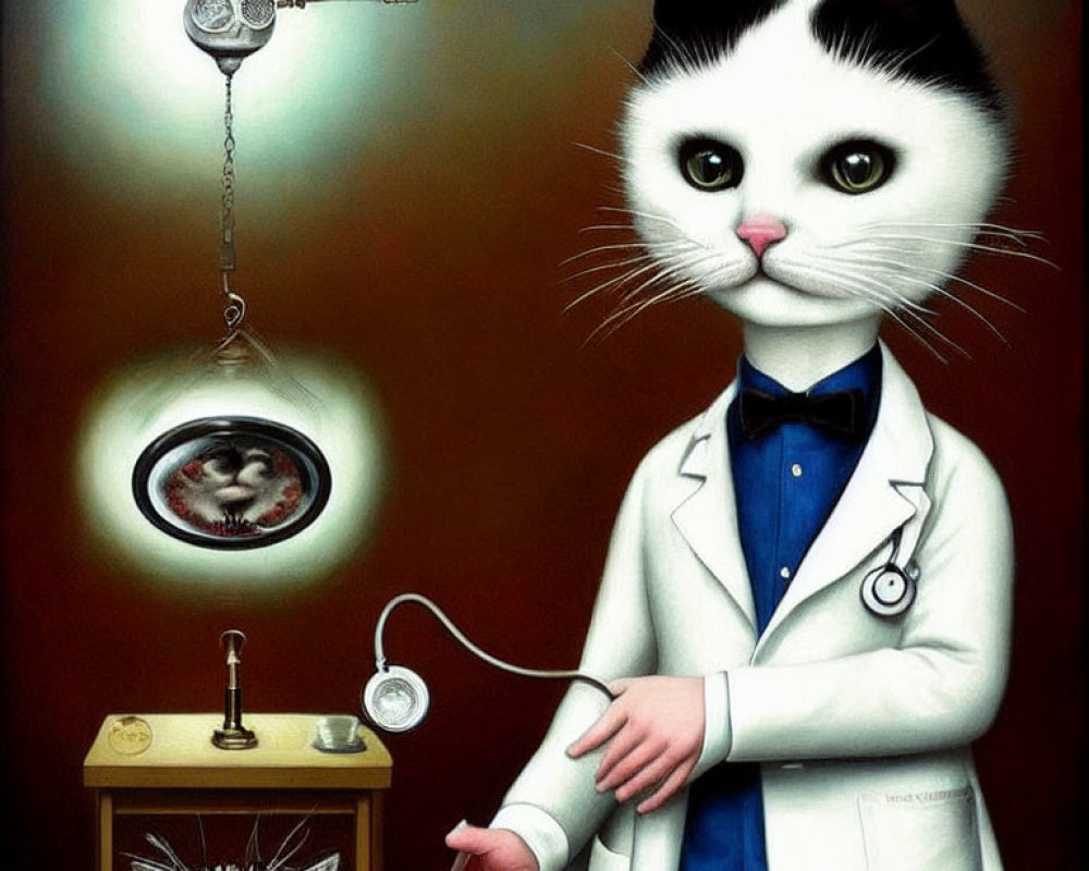 Anthropomorphic cat in doctor's coat with stethoscope, smaller cat, floating medical instruments in