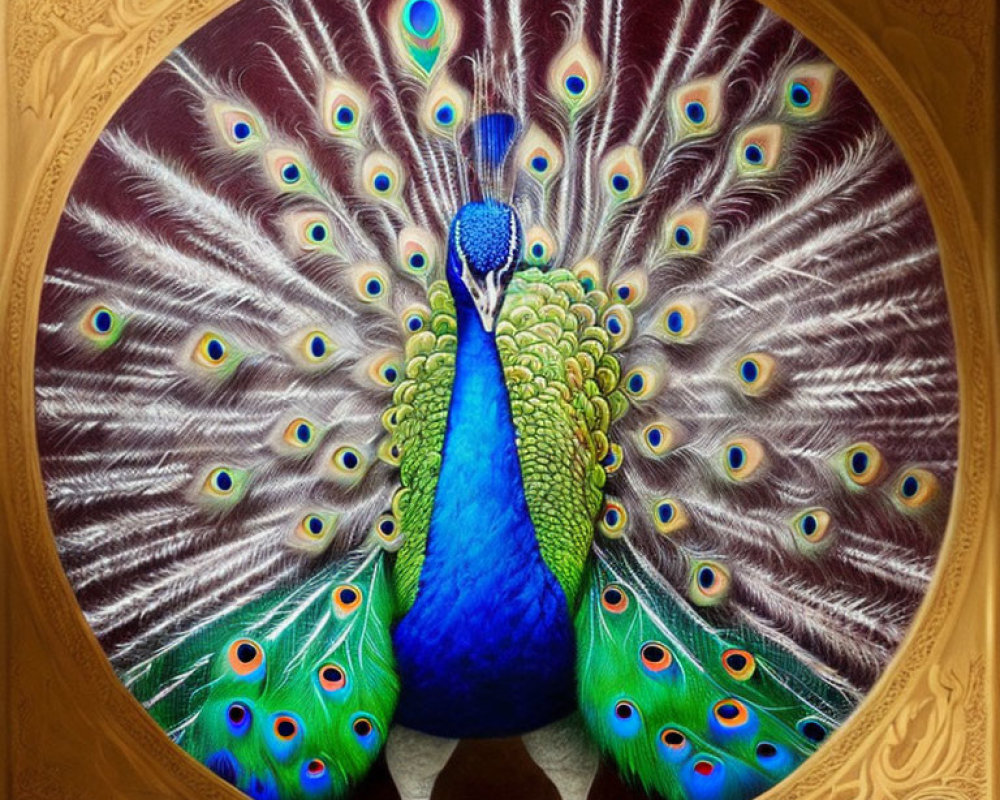 Colorful Peacock Feathers in Circular Frame with Eye Patterns