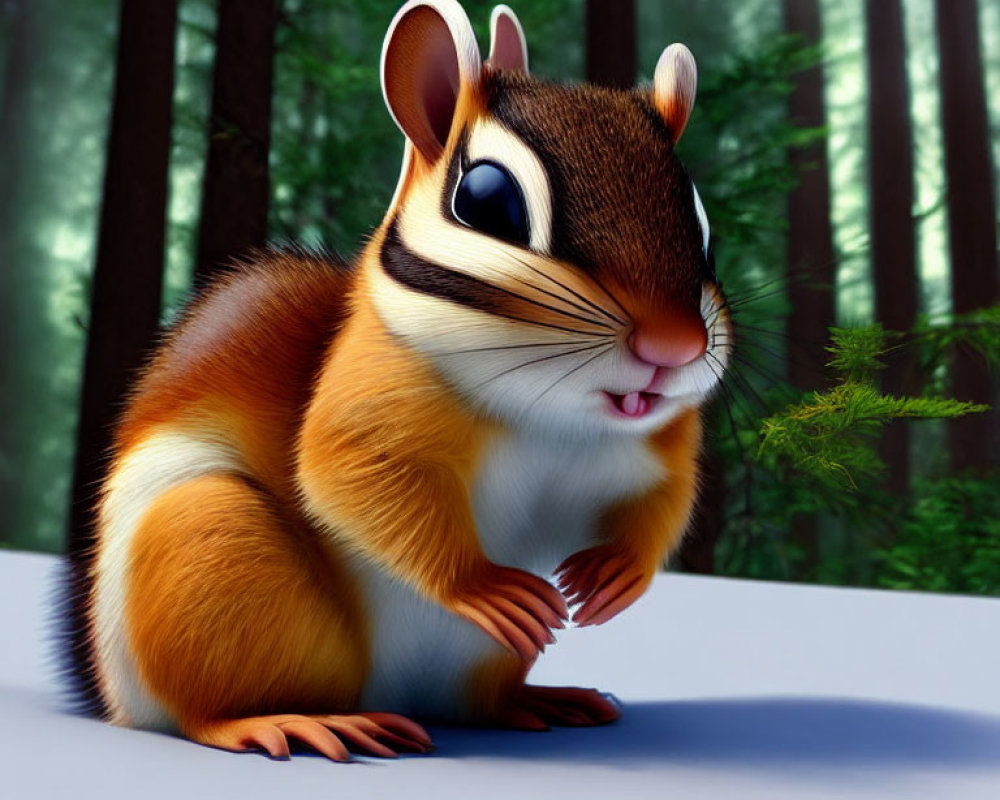3D animated chipmunk with big eyes and striped fur on white surface against forest background