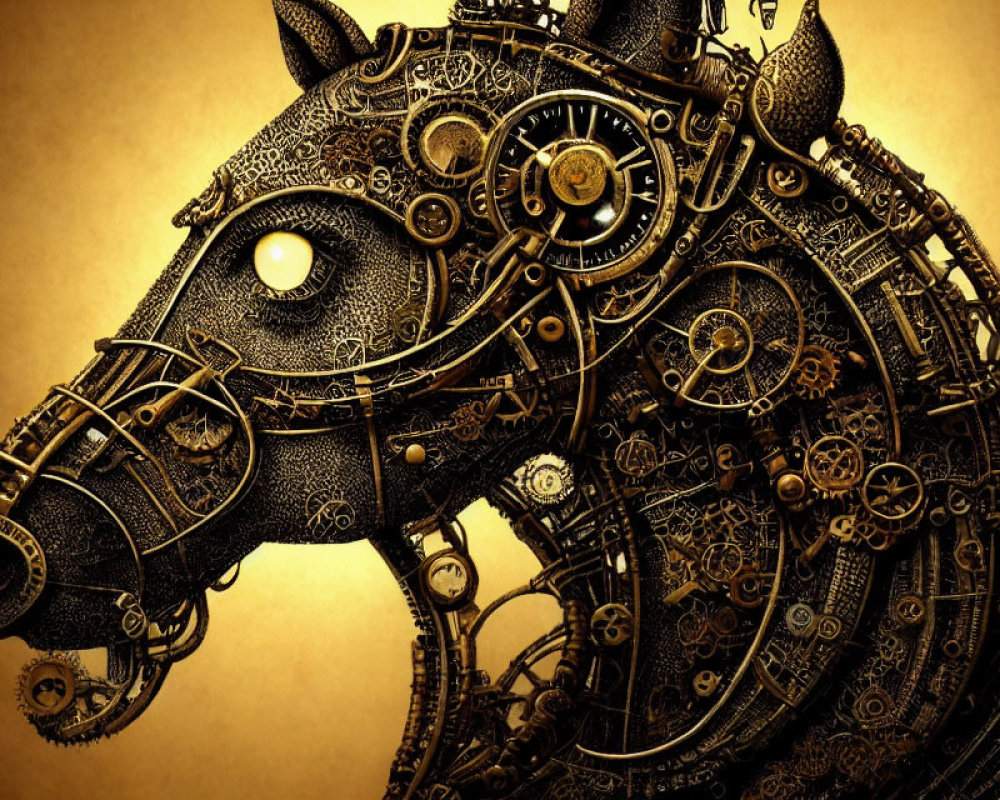 Steampunk Style Mechanical Horse Head with Gears and Cogs on Golden Background