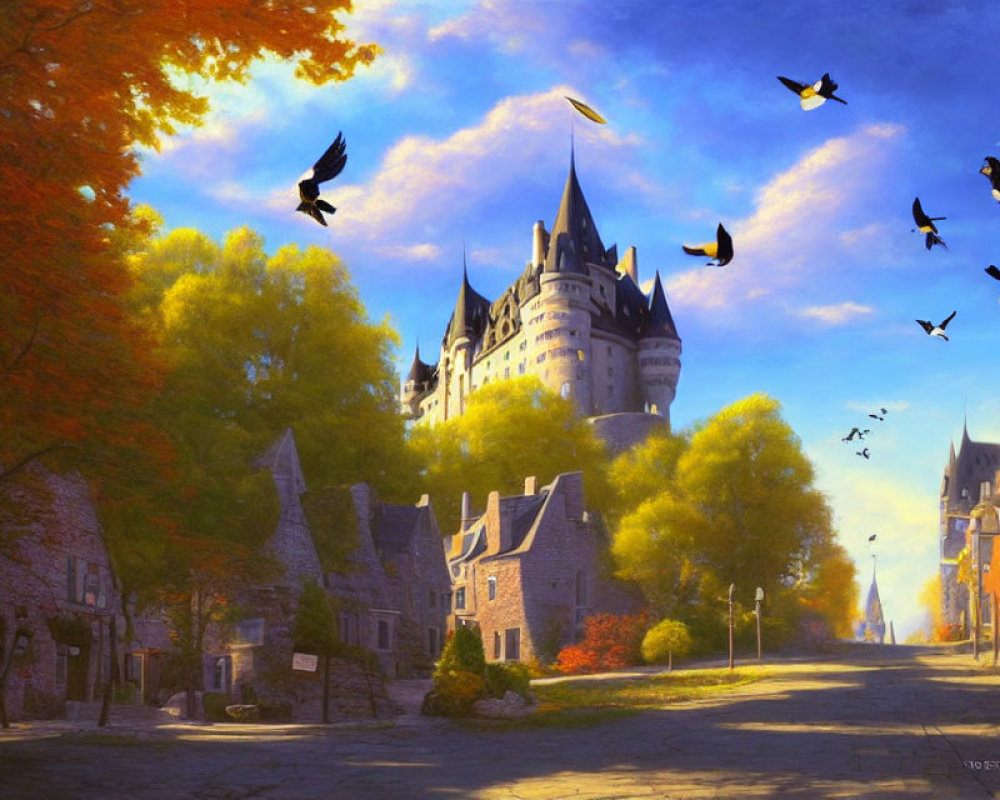 Autumn castle surrounded by vibrant foliage and stone houses on tranquil street