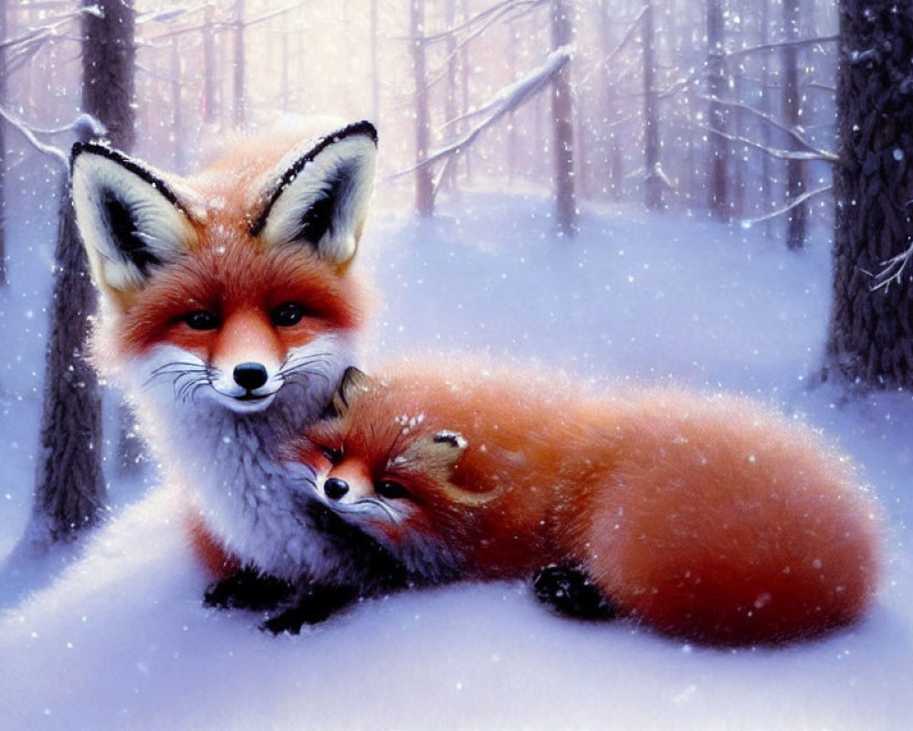 Two foxes in snowy forest with one standing alert and the other resting its head.