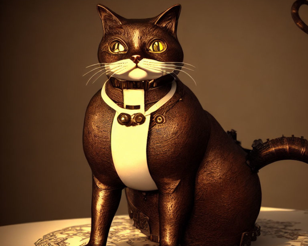 Brown Cat in Suit and Bow Tie on Vintage Table - 3D Rendered Image