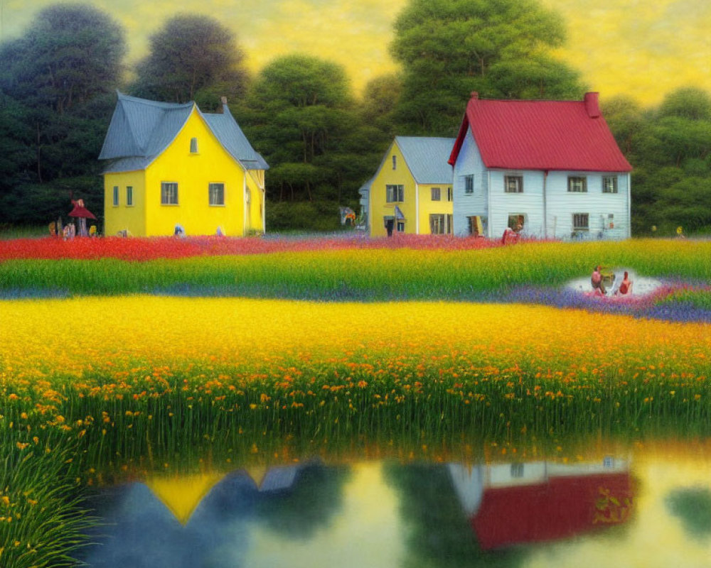 Colorful Countryside Landscape with Blooming Fields, Reflective Pond, and Quaint Houses