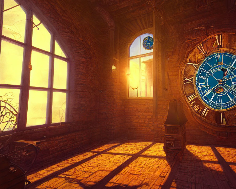 Sunlit Room with Brick Walls, Large Clock, Arched Windows, and Shadows
