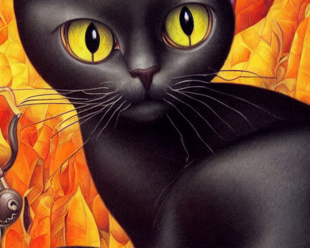 Black Cat Illustration with Striking Yellow Eyes and Autumn Leaves