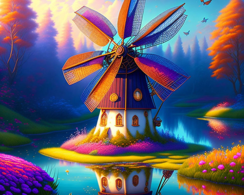 Colorful Windmill House Illustration by Lake at Twilight